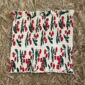 SHEIN White Cherry Patterned Cinched Tube Top